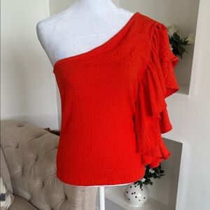 New Anthropologie Vibrant Red One-Shoulder Ruffle Blouse